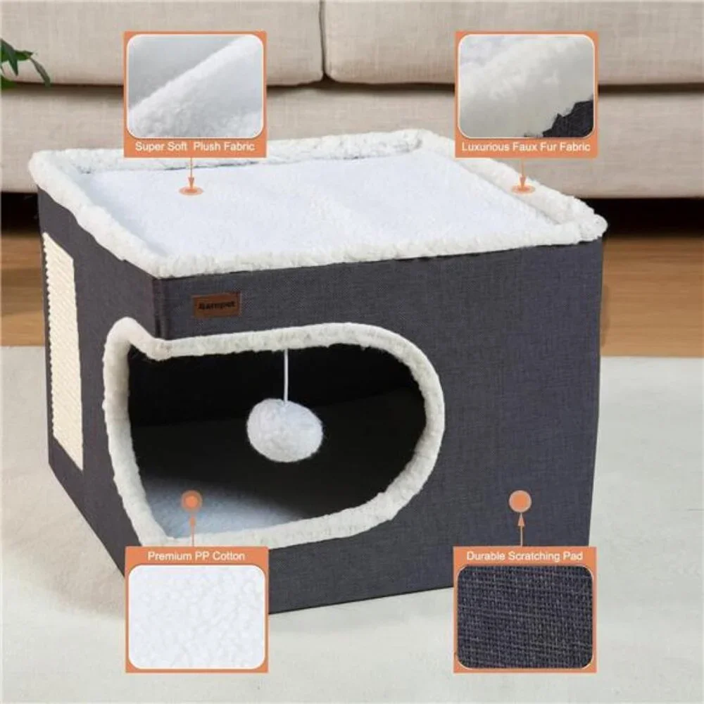 Cat bed cube house covered cat cave condo with scratch pad hideaway dark grey
